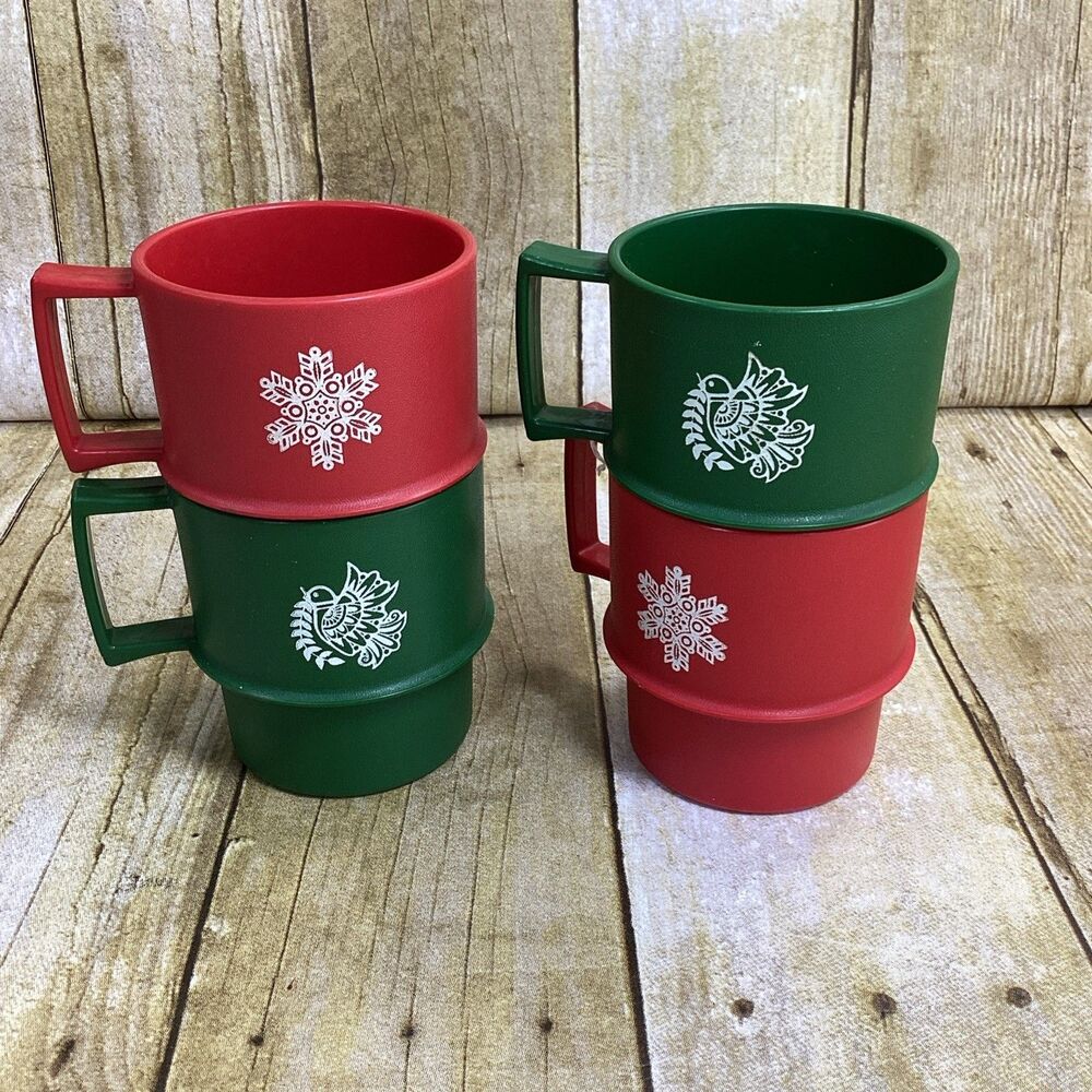 Tupperware Stackable Christmas Mugs Plastic Vintage Snowflake Turtledove 4 Lot